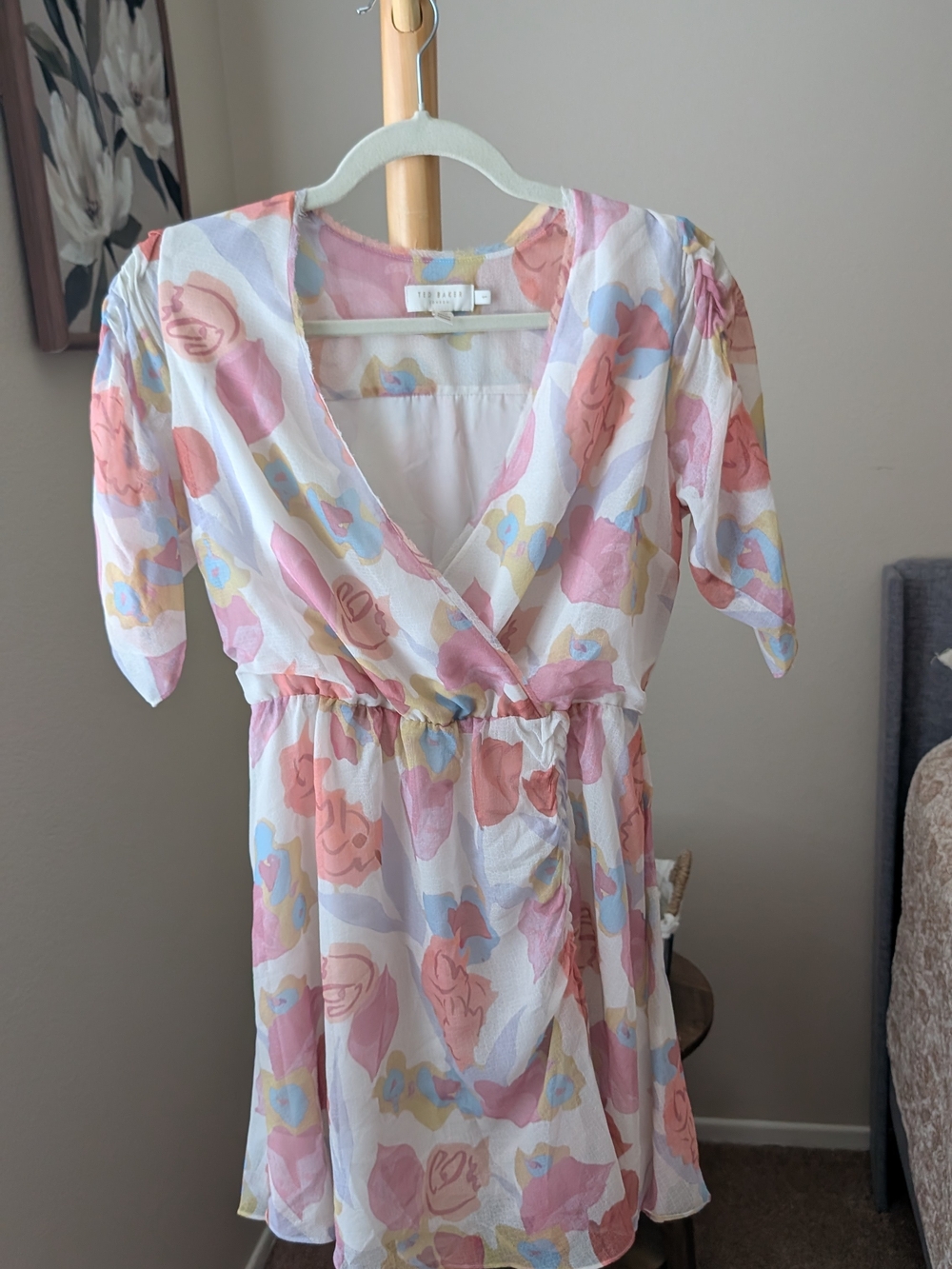 Ted Baker London White Floral Wrap Mini Dress in Pink, Blue & Yellow